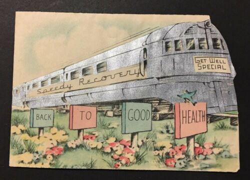 Very Neat Vintage Silver Train Greeting Card Dogs Riding w/ Lift Flap Messages