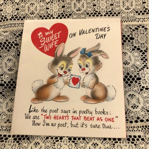 Vintage Greeting Card Valentine Cute Bunny Rabbit Couple Hearts