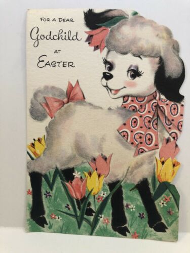 Vintage Flocked Easter Card Cute Lamb