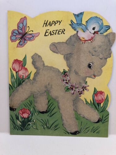 Vintage Flocked Easter Card Lamb