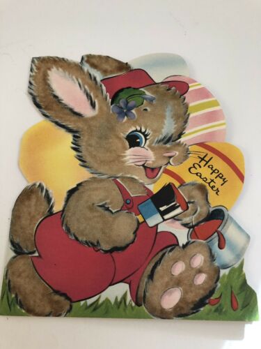 Vintage Flocked Easter Card Painter Bunny