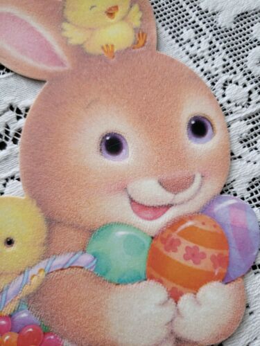 Vintage HALLMARK EASTER Card Flocked Bunny ,Eggs Basket Chicks die cut,unused