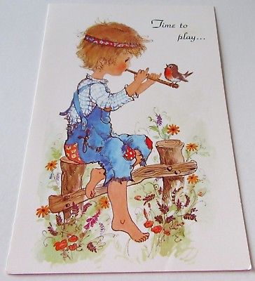 Used Vtg Greeting Card Cute Boy on Fence Playing the Flute with Robin