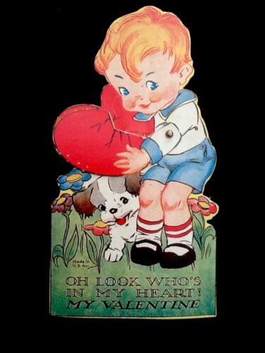 c1920's Boy W/Opening Heart Mechanical Valentines Day Vintage Greeting Card