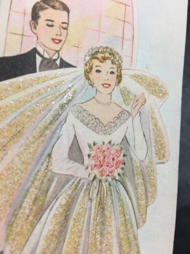 Vintage Mid Century Wedding Bride Groom Happiness Wishes Glitter Dress Card