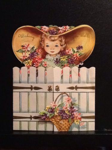 VINTAGE GET WELL GREETING CARD YOUNG SOUTHERN BELLE PICKET FENCE FLOWERS