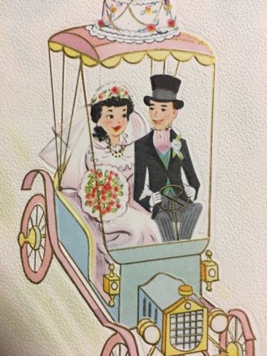 Mid Century Wedding Vintage Bride Groom Old Fashioned Car Unused Greeting Card
