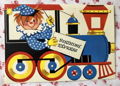 Vintage Mid Century UNUSED Birthday Card Clown Train Steam Locomotive Railroad