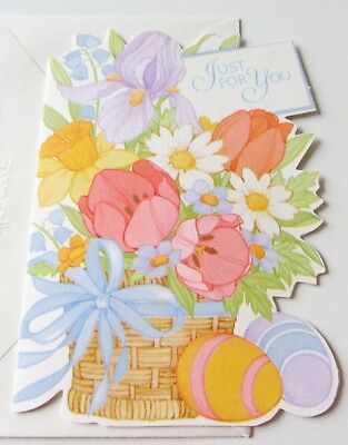 Unused Easter Greeting Card Tulips Daffodils Daisies Iris Easter Eggs in Basket