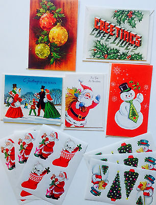 Vintage Ephemera Unused Christmas Cards Set of 5 & 6 Sheets of Stickers Lot 