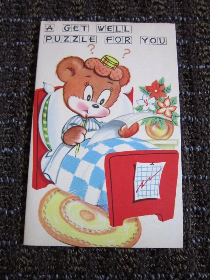 Vintage Get Well Card Bear in Hospital Bed Word Puzzle UNUSED