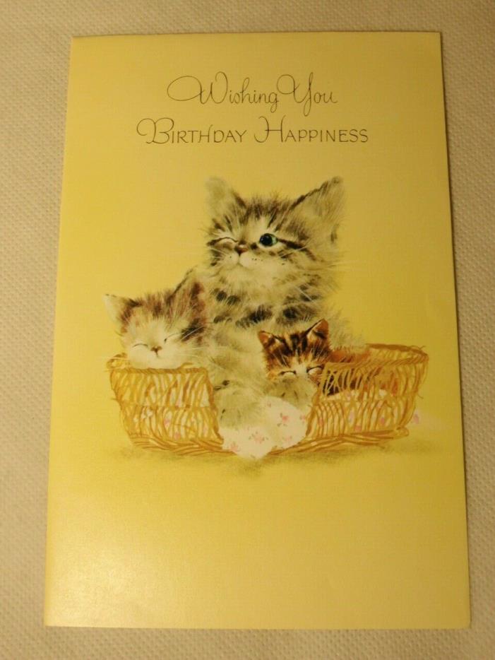 Vtg Birthday Greeting Card Kitten Basket Plastic Rhinestone Eye by Norcross UNUS