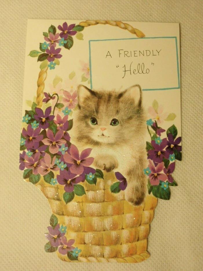 Vtg Greeting Card Glitter Kitten in Basket by Norcross UNUSED