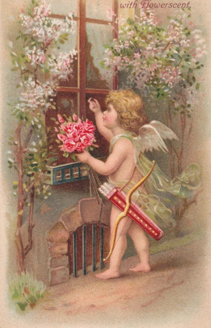 UNUSED 1900's Cupid Pink Valentine Greeting Embossed Postcard Multi-Lingual