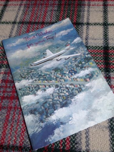 'Best Wishes for your Trip' VTG greeting card airplane plane glitter scalloped