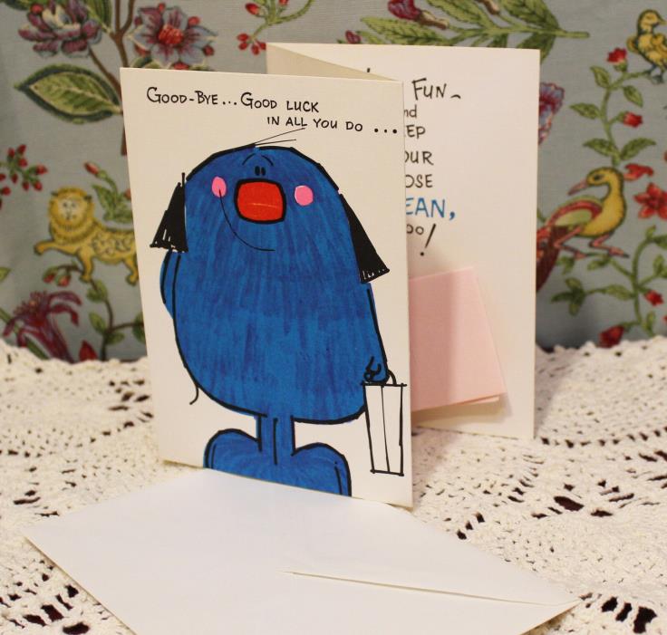 Vintage Greeting Card GOODBYE & GOOD LUCK Blue Creature Tissue - Gibson USA Made