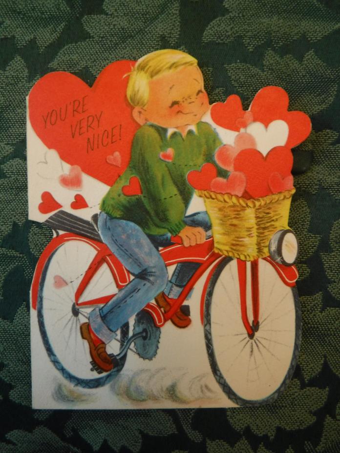 Vintage Hallmark Valentine's Day Greeting Card Boy On Bicycle w/Basket Of Hearts