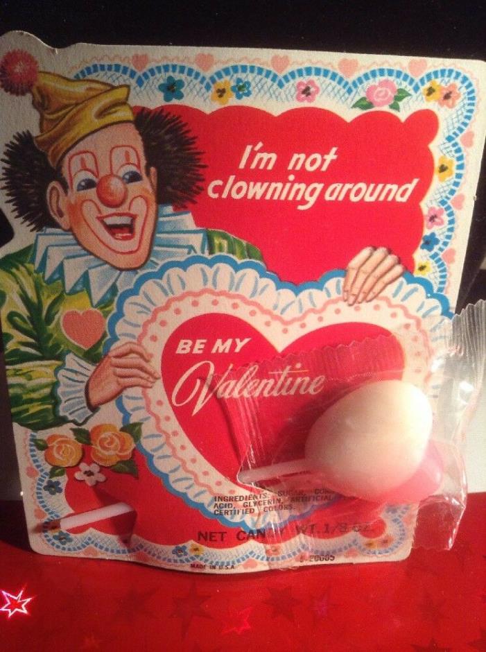 Vintage Valentine Clown card With Heart Shaped Lollipop Unused