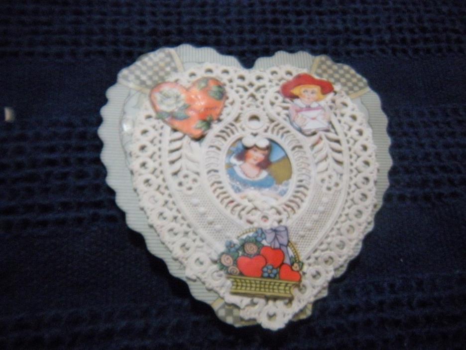 Vintage Antique Valentine's Day Die Cut Card paper lace Heart  basket