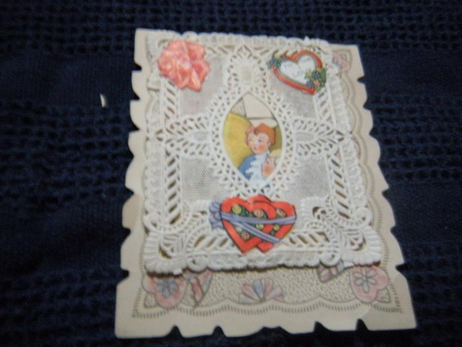 Vintage Antique Valentine's Day Die Cut Card paper lace Heart Boy #1