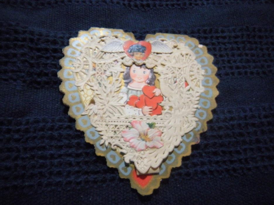 Vintage Antique Valentine's Day Die Cut Card paper lace Heart Girl Whitney Made