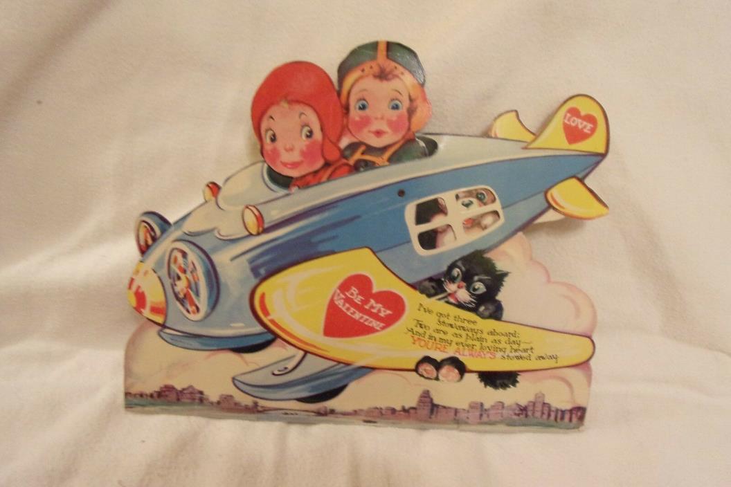 Vintage Valentine Card Kids in Airlplane Moving with Teddy Bear