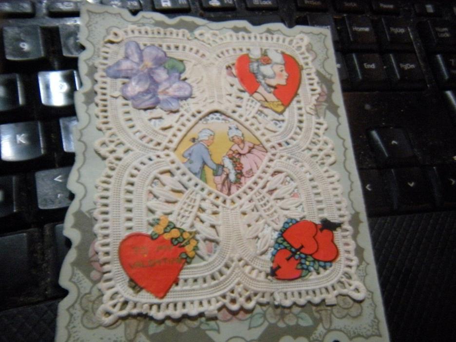 Vintage Antique Valentine's Day Die Cut Card paper lace Heart Victorian couple