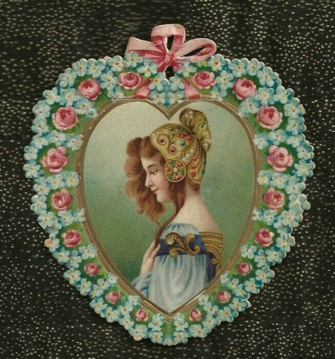 Vintage UNSIGNED EXQUISITE Valentine GIRL In ROYAL WEAR Forget-Me-Nots & Roses