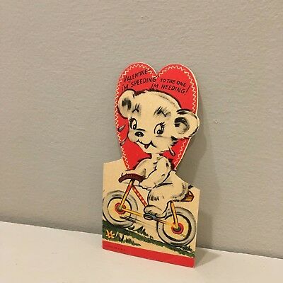 Vtg Valentine Card  White Teddy Bear Rides Bicycle 40s Speeding & Needing Unused
