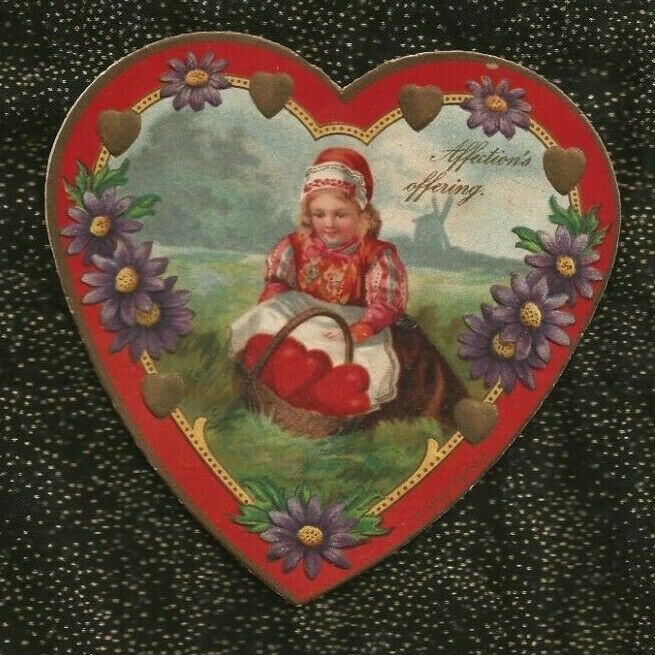 Vintage 1934 Die Cut GERMAN-MADE Valentine EUROPEAN GIRL With Basket of Hearts