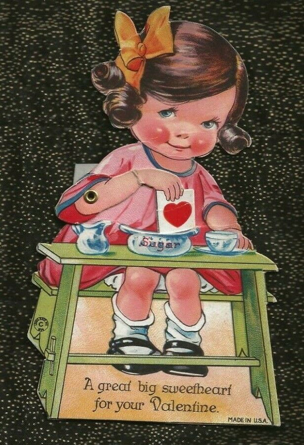 Vintage LOUIS KATZ Mechanical Valentine; GIRL At TABLE; SUGAR BOWL; SWEETHEART