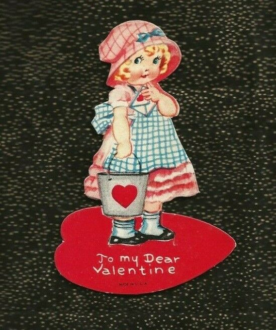 Vintage Die Cut, GRACE DRAYTON Valentine DOLLY DINGLE; BUCKET PAIL & LOVE LETTER