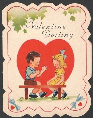 Vintage Childs Valentines Day Card Kids Sittin on Bench VALENTINE DARLING crafts