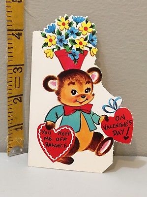 Vtg Valentine Card Brown Teddy Bear Flower Pot Bowtie Blue Coat Unused