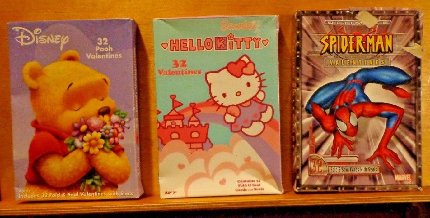 3 NEW BOXES VALENTINE'S DAY CARDS_SPIDER-MAN_HELLO KITTY_DISNEY POOH_VINTAGE_NOS
