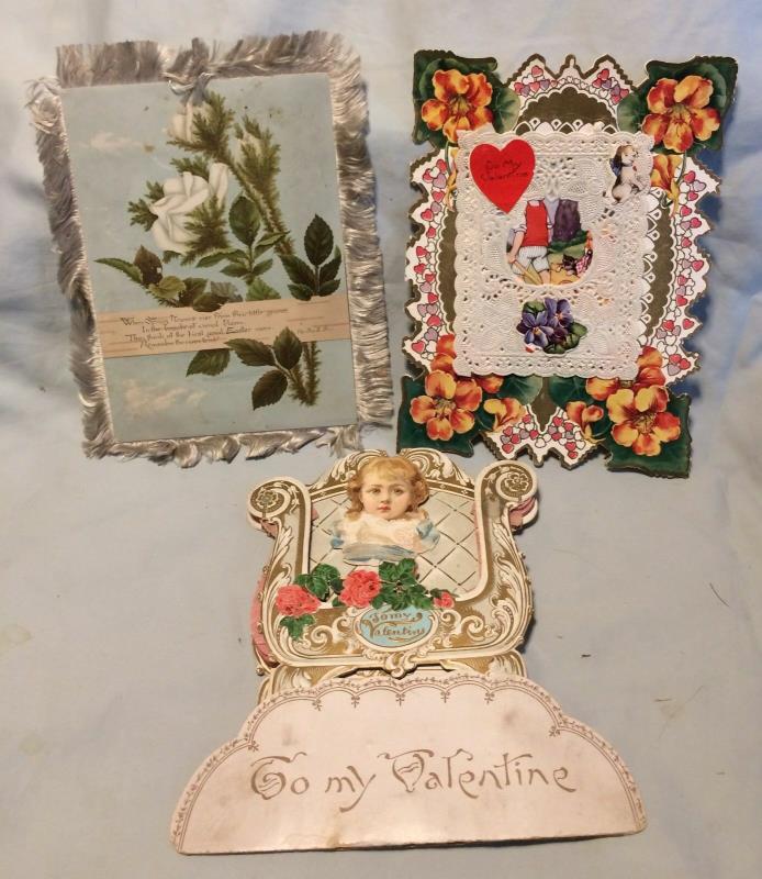 Lot of 3 Vintage Used Valentine Cards Embossed Die Cut Paper Lace Whitney German