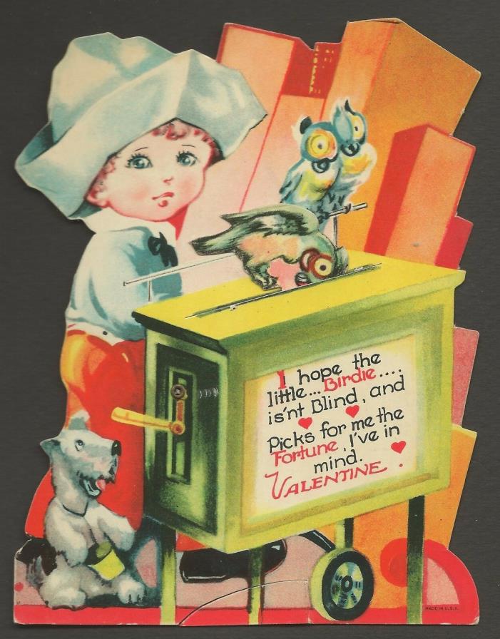 1940s Children's Vintage Valentine Card BOY DOG PARROT Used MECHANICAL DIE CUT