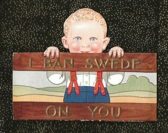 Vintage Embossed Folded Valentine SWEDISH BOY in Suspenders; I BAN SWEDE ON YOU!