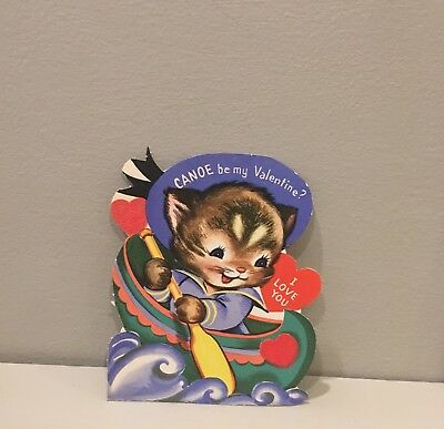 Vtg Valentine Card Cute Cat Kitten Canoe Be My Valentine 50's UNUSED