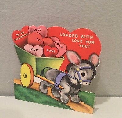 Vtg Valentine Card Baby Donkey Burro Cart Conversations Hearts Candy 50s UNUSED