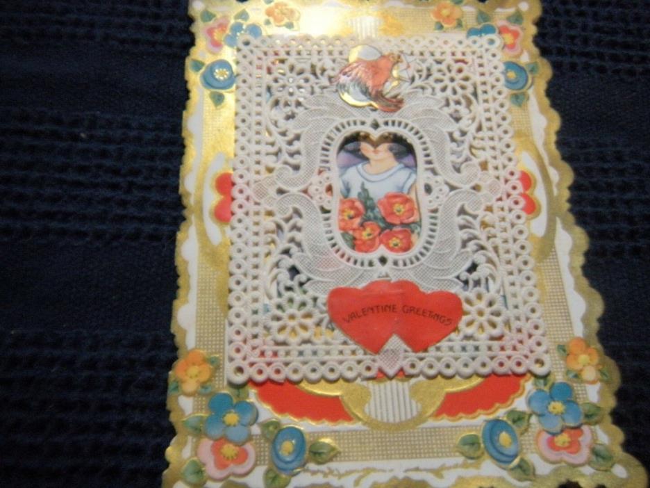 Vintage Antique Valentine's Day Die Cut Card paper lace Heart Girl bird Whitney