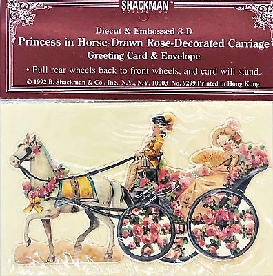 3D VALENTINE Princess Riding in Rose Decorated Horse Carriage MINT! Shackman
