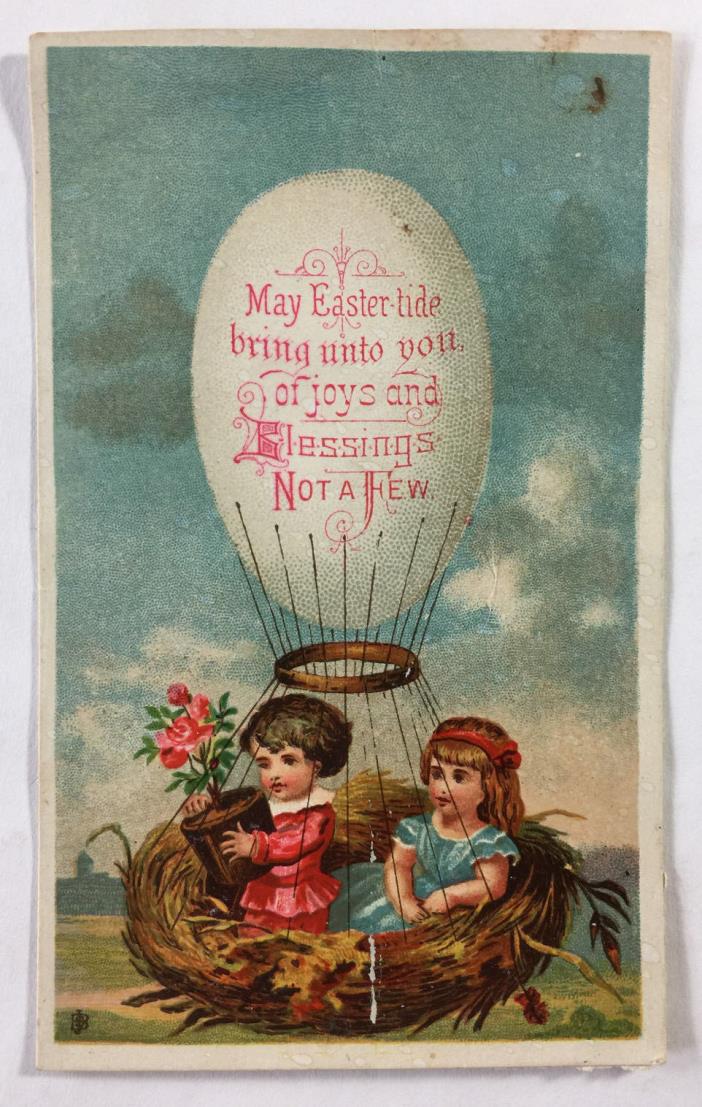 Antique Victorian Easter Greeting Card Children Riding in Basket Under Balloon