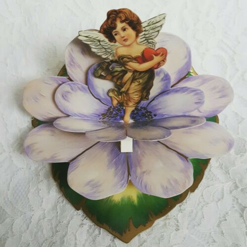 Vintage Valentines Day Card 3D Stand-up Display CUPID IN FLOWER MINT Shackman