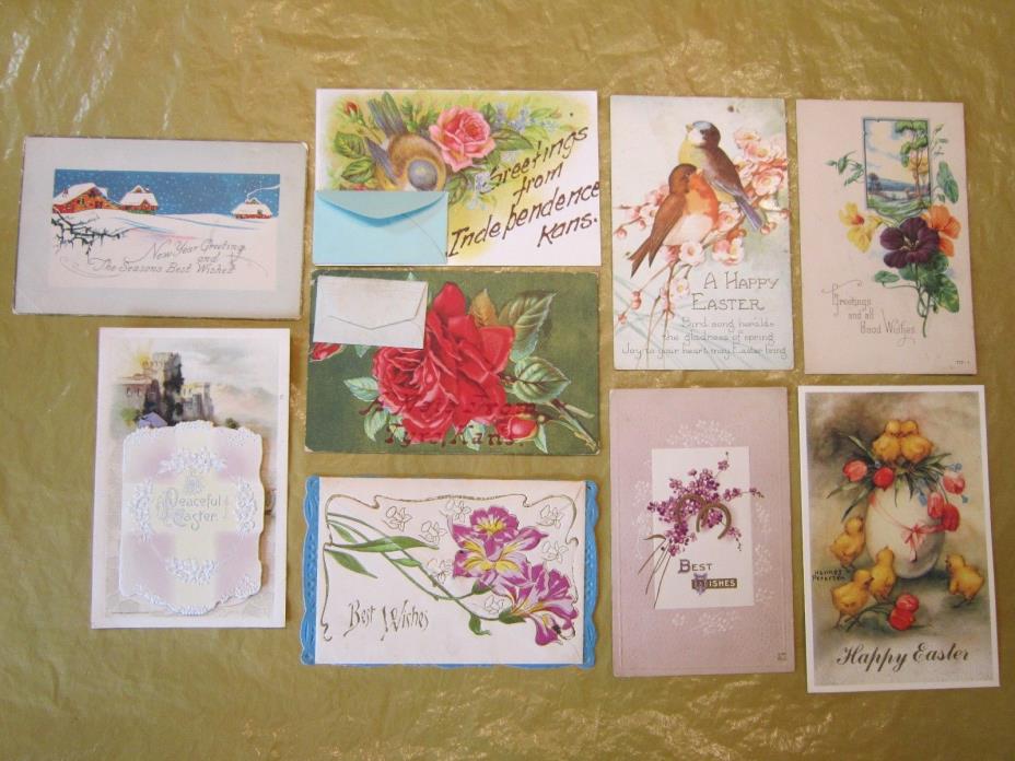 9 POSTCARDS OLD VICTORIAN ERA COLOR 3 SPECIAL ENVELOPE ATTACHED BEST WISHES 1908