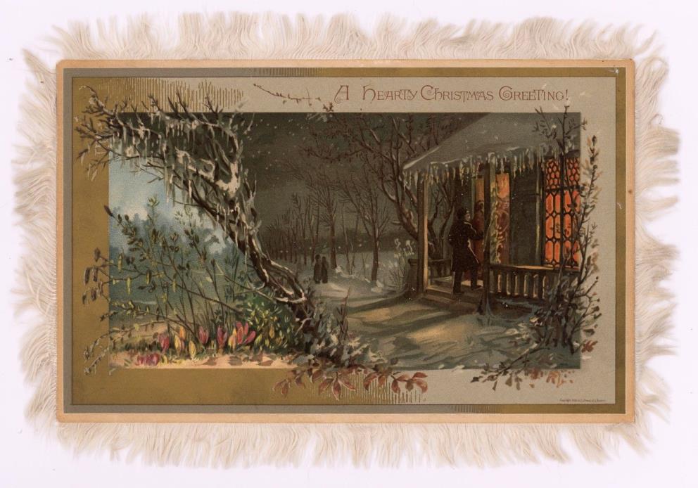 ATMOSPHERIC 1882 PRANG CHRISTMAS CARD-LARGE, FRINGED
