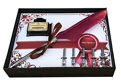 Calligraphy Pen Set Antique Burgundy Feather French Quill Kit W 5 Extra Nibs Bot