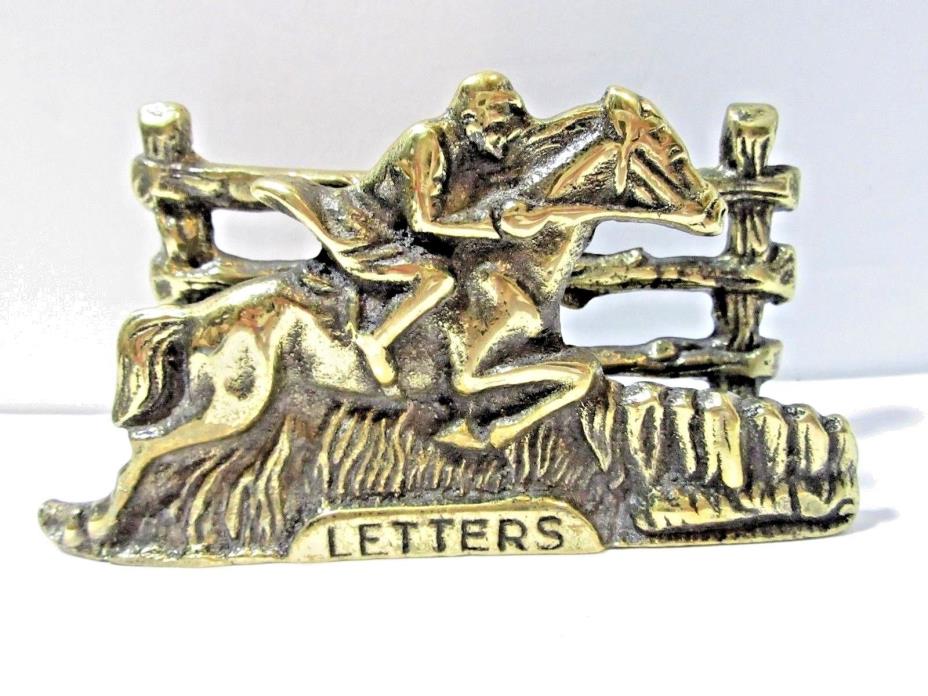 HEAVY BRASS BRONZE TONE PLATED METAL MAN ON HORSE PONY EXPRESS LETTER HOLDER