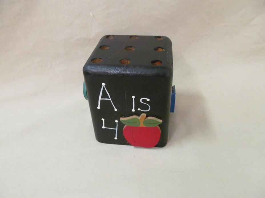 Black Wooden ABC Teacher Cube Pencil Holder, Hand Painted w attached Art, 3