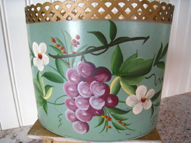 Vntg Painted FRENCH Desk Letter Caddy Vanity Waste Bin Flowers Grapes Gold Trim